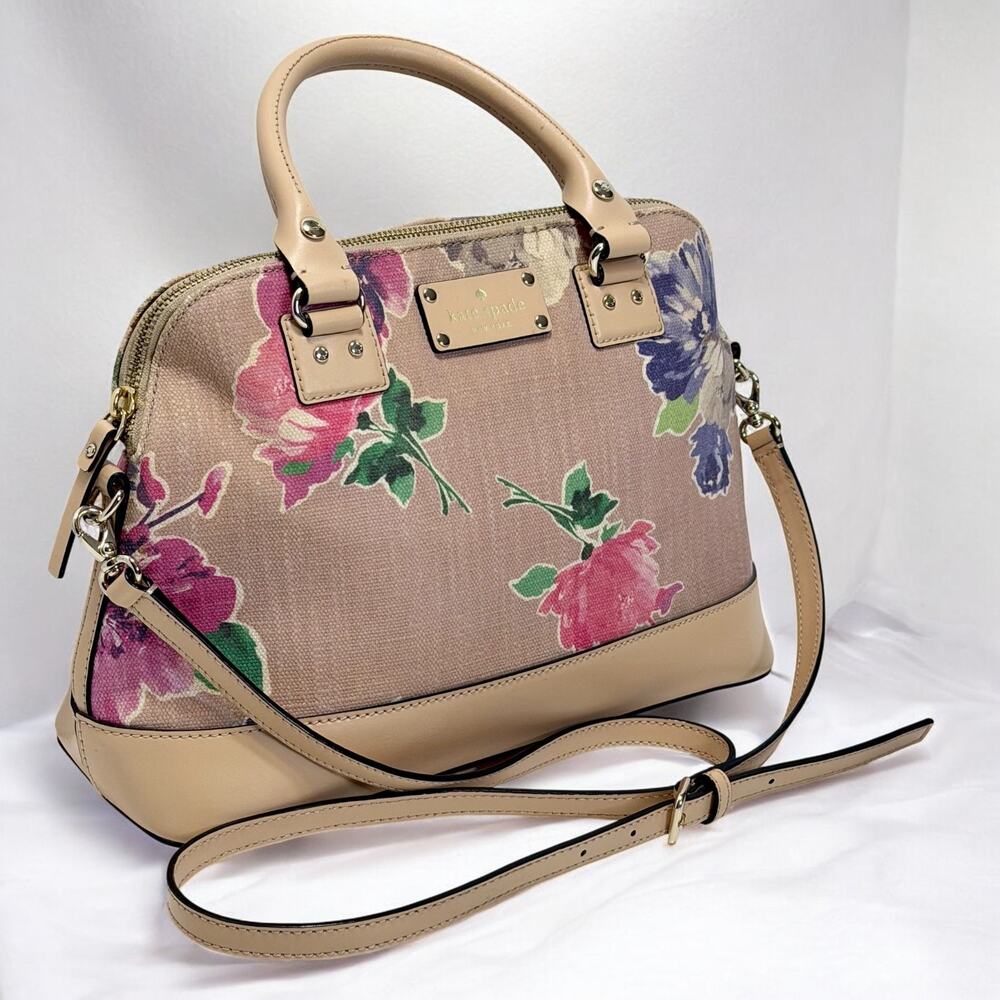 Kate Spade Maise Floral Satchel Crossbody RoseBeige Linen Jute Leather Trim NWOT